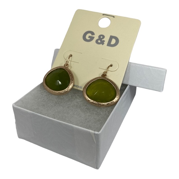 Gold Teardrop Dangle Earrings with Olive Green - Picture 6 of 6